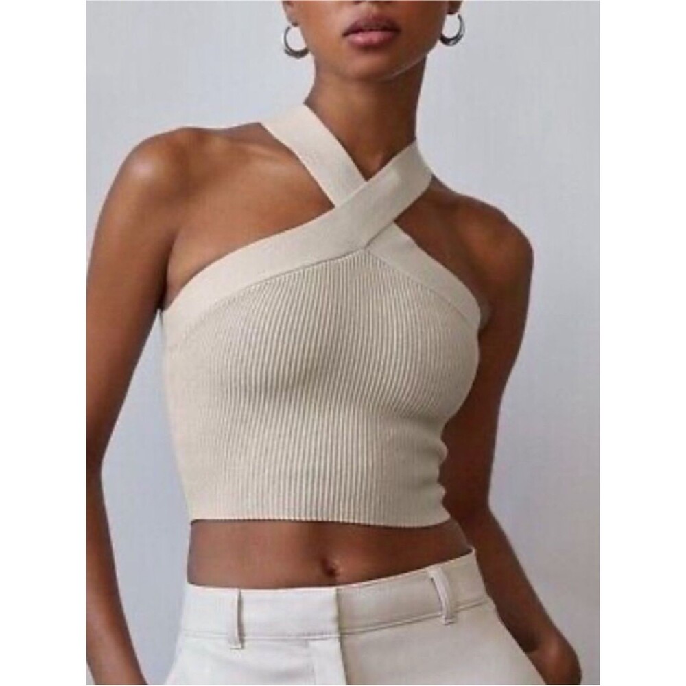 Aritzia Babaton Sculpt Knit Criss Cross Ribbed Tank Top Matte Pearl Size Medium